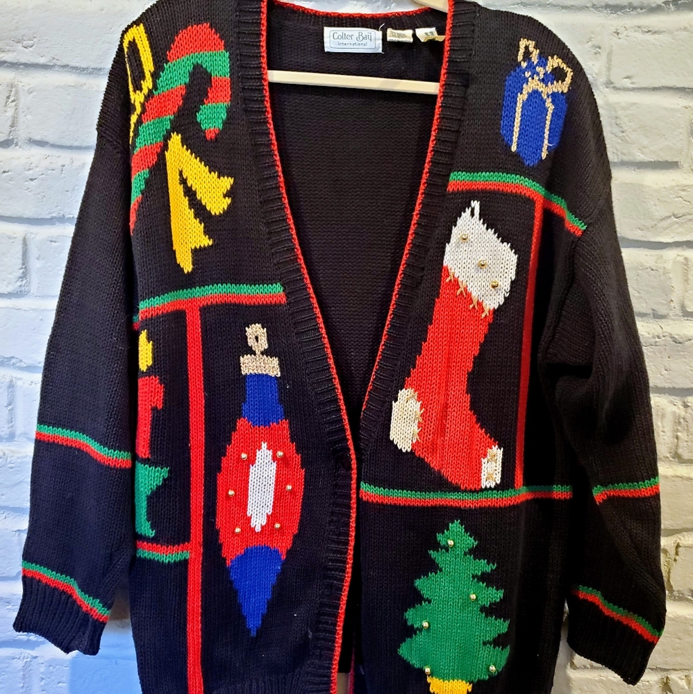 Vintage UGLY Christmas candy cane, tree, gift cardigan sweater, black, large/XL